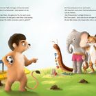 Text: Der Löwe hält eine Ansprache, die Tiere nicken zustimmend. Illustration: Tiere stehen auf einer Wiese zusammen.