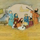 Illustration einer Krippenszene: Menschen, Tiere und ein Baby in Stroh. Texte beschreiben freudige Gesichter und Hilfsbereitschaft.
