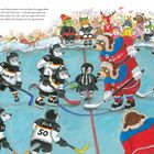Text: "Die Spannung steigt. Huskys und Bären stehen sich auf dem Eis gegenüber..."

Illustration: Tiere als Eishockeyspieler. Huskys in weißen Trikots, Bären in roten. Ein Pinguin-Schiedsrichter.