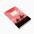 Buchtitel: "Don Quixote", rote Illustration, zwei Reiter, einer trägt eine Lanze, in Schwarz auf hügeligem Terrain.