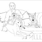 Ein Mann sitzt auf einem Sofa, umgeben von drei Hunden. Es handelt sich um eine schwarz-weiße Skizze.