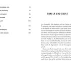 Inhaltsverzeichnis links: Themen wie "Zukunft" und "Dank." Rechts Textabschnitt mit der Überschrift "TRAUER UND TROST." Seite 7.