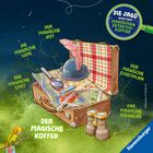 "Die Jagd nach dem magischen Detektiv-Koffer", zeigt einen Koffer mit Stadtplan, Lupe, Hut und Fernglas in einer Illustration.