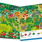 „Hungrig springen die Siebenschläfer“, ‚Finde diese Tiere‘. Illustration: Tiere im Wald, viele bunte Pflanzen und Tiere.