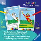 Texte: "Kinderleichter Ausmalspaß durch nummerierte Felder", "Farbige Zahlen erleichtern die Zuordnung von Zahl zu Farbe". Zwei Fußball-Szenen, mit Vorher-Nachher-Vergleich, links unausgemalt, rechts farbig.