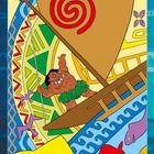 Illustration: Eine fröhliche Figur auf einem Segelboot, umgeben von bunten Mustern und Fischen im Wasser.