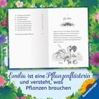 Emilia ist eine Pflanzenflüsterin und versteht, was Pflanzen brauchen. Bild zeigt ein Buch mit Blumenrand und einen Dodo.