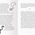 Seite 8 und 9 aus einem Buch. Illustration: Herzförmiges Amulett und schwarze Katze. Musiknoten-Symbol zwischen Text.