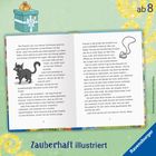 ab 8, Zauberhaft illustriert, Illustrationen © Hannah McCaffrey, Ravensburger. Ein aufgeschlagenes Buch zeigt eine Katze und Text.