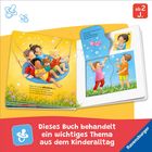 Logo eines Schnullers, Buchseiten zeigen spielende Kinder und Text über Glücklichsein. Geeignet ab 2 Jahren.