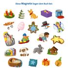 Text: "Diese Magnete liegen dem Buch bei:"  
Illustration mit Weihnachts- und Kindermotiven, Tieren und Winteraktivitäten.