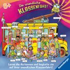 "Die unendliche Klassenfahrt" - viele Kinder um einen gelben Bus. Namen wie Mia, Joni und Greta sind beschriftet. Bunte Illustration.