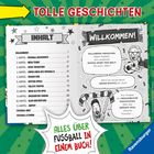 "TOLLE GESCHICHTEN", "INHALT", Kapitelübersicht über Fußball, Sprechblasen mit Begeisterung über Fußball. Farbenfrohes Design.