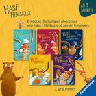 Texte: "Hase Hibiskus", "Entdecke die lustigen Abenteuer...", "Ab 3 Jahren". Illustration von Büchern und Figuren.