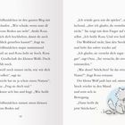 Text über ein Wolfsmädchen. Illustration eines kleinen Wolfs mit Stock im Maul unten rechts.