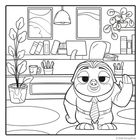 Ein lächelndes Faultier im Anzug winkt in einem Büro mit Pflanzen, Büchern und Zeichnungen an den Wänden.