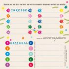 Ein Rätsel: Schreibe Wörter, die mit den angegebenen Buchstaben beginnen und enden. Enthält bunte Sterne und Kreise.