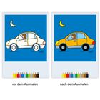 Links: "vor dem Ausmalen", rechts: "nach dem Ausmalen". Ein Auto mit Frau, links weiß, rechts gelb, unter Mond.