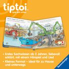 "Welcher Bagger hilft am Hafen?" Zwei Umschlagbagger laden ein Schiff. "tiptoi" Logo mit Buch und Hafenillustration.