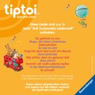 Texte: Titelliste bekannter Lieder. Clown in Heißluftballon, Tiere in rotem Bus, Logo „tiptoi“ oben links, „Ravensburger“ unten rechts.