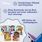 Logo mit Disney-Schriftzug. Text: "Stundenlanger Malspaß zum Entspannen", "100 Motive mit Lieblingsfiguren". Bilder von Disney-Figuren.