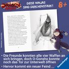 Texte: "DRACHEN NINJAS", "DIESE NINJAS SIND DRACHENSTARK!", "8+", "Die Freunde konnten alle vier Waffen an sich bringen, doch O-Gonsho konnte noch das Tor zur Unterwelt öffnen", "Hervor kommt ein neuer Feind ...", "Ravensburger". Illustration: Ein Ninja mit Wurfsternen, ein Drachenkopf erscheint in einem Tor.