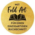 Text: "MIT Fold Art FÜR EINEN EINZIGARTIGEN BUCHSCHNITT." Illustration: Offenes Buch auf goldenem Hintergrund.