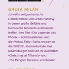 GRETA MILÁN schreibt emotionale Liebesromane und Urban Fantasy. Bild von Frau, lila Hintergrund, bunte Blätter und Punkte.
