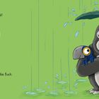 Texte: "Oh, jetzt regnet es! Rille und Pepe freuen sich!" und "TAM, TAM, TAM". Ein Gorilla hält ein Blatt als Regenschutz.