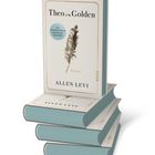 "Das internationale Bestseller-Phänomen", "Theo in Golden", "Roman", "Allen Levi". Ein Stapel Bücher mit blauem Buchrücken und Federzeichnung.