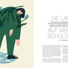 Links Illustration: Person in grünem Anzug mit Blumen.  
Rechts: Überschrift "DIE LAST AUF MEINEN SCHULTERN". Text über Rückenschmerzen.