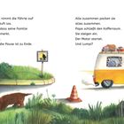 Zwei Absätze Text über Lumpi und seine Familie. Illustration: Lumpi schnüffelnd, ein gelber Van fährt weg, Verkehrshütchen.