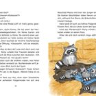 Seite mit Textdialogen und einer Illustration: Eine Waschbär-Mutter mit vier Jungen auf Heu und einer blauen Decke.