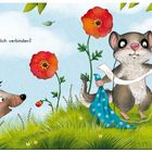 Text: "Tut's jetzt noch weh? Ein bisschen schon. Wie wäre es, wenn wir dich verbinden? Verbinden hilft immer. Schwuppdiwupp!" Ein Igel, ein Dachs und ein Hamster stehen in einer grünen Wiese mit Mohnblumen.