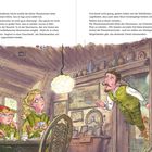 Links ein Wassermann mit Schnurrbart und Hut, daneben der Wassermannjunge und die Mutter. Rechts der Moormann schwebend.