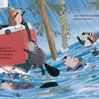 „...DU?!“ „AHOI,“ rief da Nora. „Wir fliehn aus der Not. Kommt schnell in mein BIBER-RETTUNGSBOOT!“

Biber in Hochwasser, klettern eilig ins Boot. Ein rotes Schiff, Tiere in Panik, Regen, Bäume im Wasser.