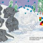 Ein bunter Elefant, fröhlich, bewirft graue Elefanten im Schnee mit Schneebällen; Schneebedeckte Tannen im Hintergrund.