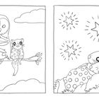 Links: Eine Eule mit einem kleinen Tier auf einem Ast. Rechts: Zwei schlafende Tiere unter einem gepunkteten Tuch mit Sternen.