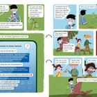 Texte: 
- Du schreibst mit AlexKa_Tigerkralle
- Hey! Na, wie war dein Tag?
- Sehr anstrengend.
- Mein Vater hat den Job verloren.
- Muss Zuhause kurz raus.
- Muss ich vom ihm geben! 

Illustration: Ein Junge sitzt mit einem Handy am Boden, daneben ein grünes Wesen. Im Chat mit AlexKa_Tigerkralle.