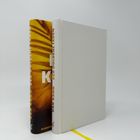 Rechts: "Han Kang Der goldene Faden" auf weißem Buchrücken. Links: Gelber Umschlag mit Schrift und Muster.