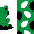 Text: "Wie macht der Frosch? Babys lieben Tiergeräusche!" Illustration: Ein grüner Frosch vor schwarzen und weißen Blättern.