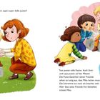 Texte: „Mika bekommt ein Pflaster...“ und „Ich lege auf Beulen...“. Illustration: Kinder helfen und pusten.