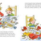 Links bastelt ein Mädchen mit Pinsel und Wasserfarben. Daneben ein Junge mit Schere. Rechts basteln sie Weihnachtsschmuck.