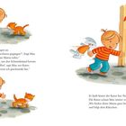 Text links: Max spricht mit einer Katze und bietet Hilfe an.  
Illustration: Ein Junge mit Streifenpulli und Hase folgt einer kleinen Katze.