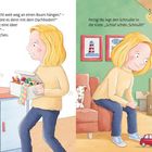 Links: Ein Junge spricht über einen Schnuller. Rechts: Er legt ihn in eine Kiste. Es sind bunte Illustrationen.