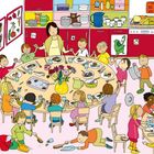 Text links: "der Apfel", "die Vase", "der Nussknacker", "die Karaffe", "das Osterei-Bild", "der Hausschuh".  
Kinder sitzen an einem großen Tisch und essen.