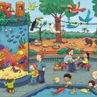 Texte: „der Keks, der Clownfisch, der Nymphensittich, die Muschel, das Seepferdchen, der Kiwi, die Schale mit Wasser, die Qualle, der Apfel.“ Szenen: Ein vibrierender Park voller Vögel, bunte Fische in einem Aquarium, Menschen, die die Natur genießen. Kinder spielen am Wasser.