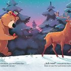 Logo Illustration: Ein Bär hält ein Geschenk, mit einem Vogel im Hintergrund. Ein Reh motiviert ihn, gemeinsam zu gehen.