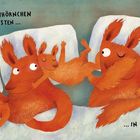 Die Texte sagen: "Das kleinste Eichhörnchen schläft am liebsten ... in der Mitte." Illustration von schlafenden Eichhörnchen.