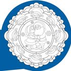 Illustration eines kreisförmigen Mandalas mit Weihnachtsfiguren und Schneeflocken auf blauem Hintergrund.